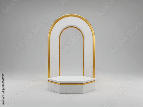 Golden arch podium for product display on white background  luxury presentation stand