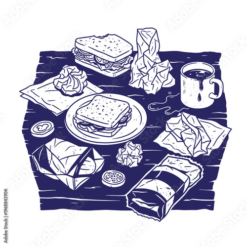 Hand drawn of a messy wooden table with sandwiches on plates crumpled paper napkins a coffee mug and food wrappers in a dark blue and white ink style