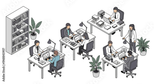 Isometric office scene with people working at desks and a bookshelf.