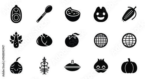 Black and white icons depicting various fruits vegetables and plant based foods
