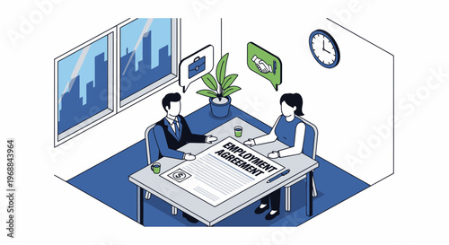 Two people discussing employment agreement at office desk.