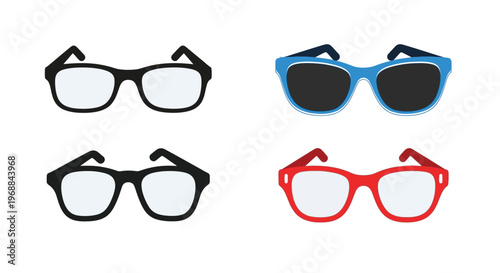 Four pairs of sunglasses in different colors and styles are displayed on a white background