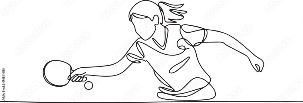Fototapeta premium One single line drawing young energetic woman table tennis player hit the ball vector graphic illustration. Sport training concept. One line draw graphic design vector