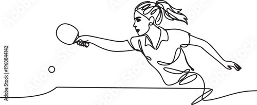 One single line drawing young energetic woman table tennis player hit the ball vector graphic illustration. Sport training concept. One line draw graphic design vector