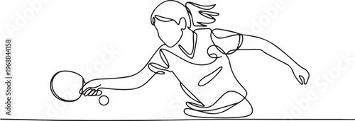 One single line drawing young energetic woman table tennis player hit the ball vector graphic illustration. Sport training concept. One line draw graphic design vector