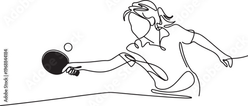 One single line drawing young energetic woman table tennis player hit the ball vector graphic illustration. Sport training concept. One line draw graphic design vector
