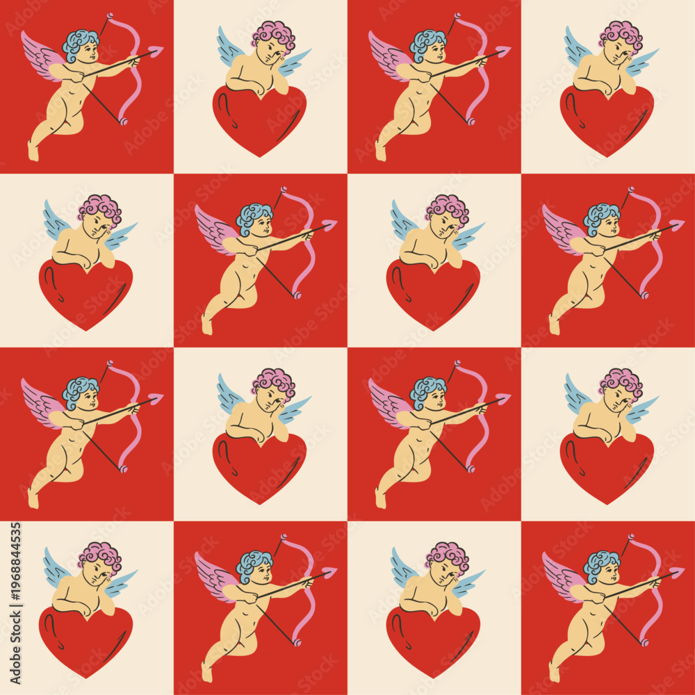 Fototapeta premium Seamless romantic doodle pattern with hearts, bows, doves, cakes and drinks. Cute vintage coquette illustration for Valentine’s Day, weddings and gifts. Trendy feminine design for wallpaper.