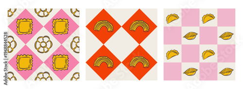 Playful Mediterranean pasta design with quirky line art noodles. Seamless pattern ideal for kitchen decor, wrapping paper, or restaurant branding. Cute background with spaghetti, penne, and ravioli.