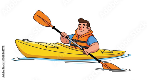 Kayaking, cartoon man in yellow kayak, orange life jacket, vector illustration, water sports, recreation activities