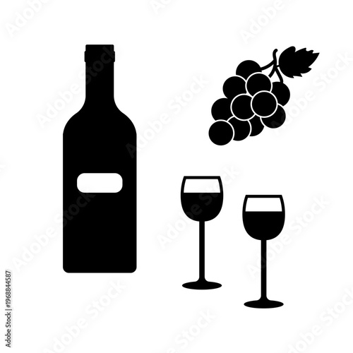 Wine bottle and glasses icon set with grapes bunch in black silhouette style for winery branding and menu design