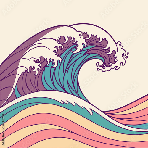 A colorful wave with purple, blue, and multicolored stripes