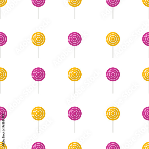 Lollipop candy seamless pattern with yellow and purple swirl suckers in flat vector style for nursery wallpaper or gift wrap