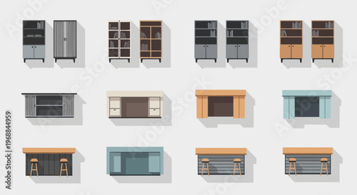 Flat Kitchen Cabinet Icons, Vector Cupboard Set, Modern Furniture Collection, Home Design Elements