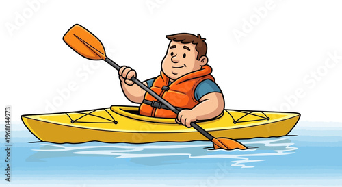 Kayaking cartoon illustration, yellow kayak, man paddling, water sports vector, leisure activity