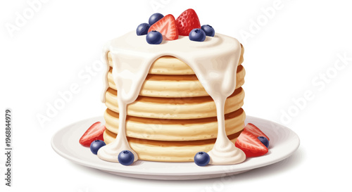 Delicious pancakes with strawberries and blueberries, syrup dripping, breakfast food, sweet treats, vector illustration