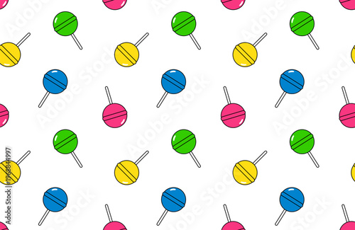 Colorful lollipop pattern with sweet round candies on sticks flat vector illustration, seamless candy background for wallpaper or wrapping paper.