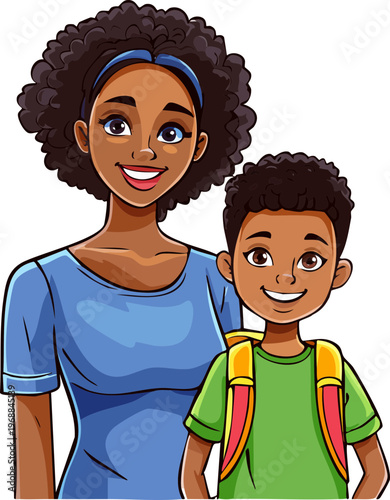 A smiling African American woman and a young boy with a backpack standing together on transparent background
