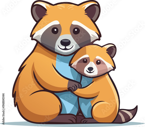 A cute cartoon illustration of a mother raccoon and her baby on transparent background