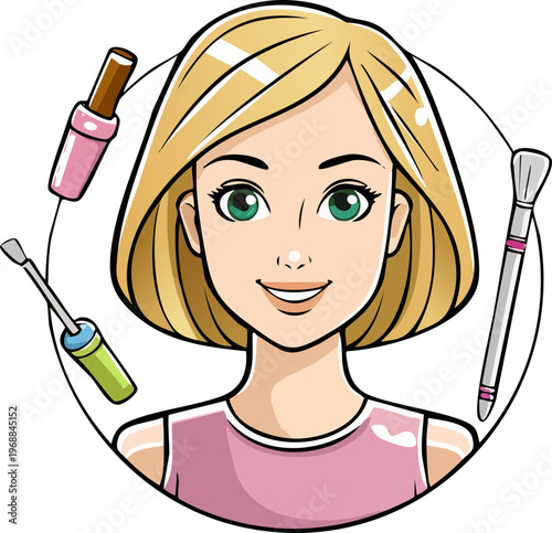A cartoon illustration of a smiling woman with makeup brushes and tools on a transparent background