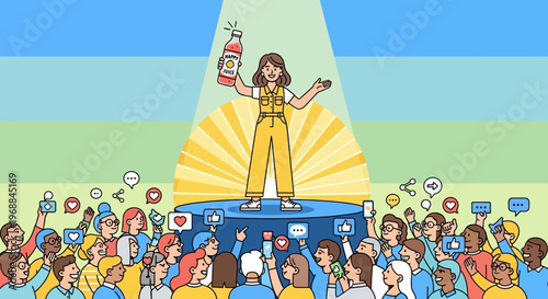 Vibrant illustration of woman holding fire extinguisher, standing on podium, surrounded by cheering diverse crowd, colorful background, sunburst design, safety concept, emergency response