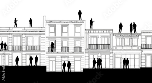 Architectural building illustration, cityscape silhouette, urban landscape vector, black and white design, people on balconies