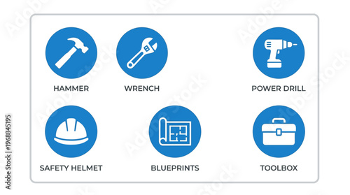 Construction Worker Tools and Safety Equipment Flat Icons Set with Hammer, Wrench, Power Drill, Safety Helmet, Blueprints, and Toolbox, in Bright Studio.