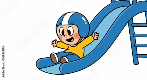 Cartoon child on blue slide, playground fun, kids illustration, vector graphic, colorful character