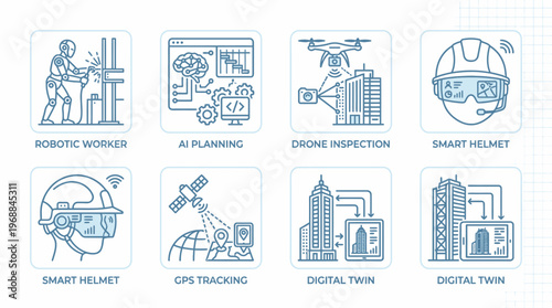Future smart construction technology line icons with robotic worker, AI planning, drone inspection, smart helmet, and digital twin