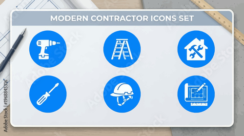 Modern Contractor Icons Set with Drill, Ladder, Hard Hat, and Blueprint on Engineering Background