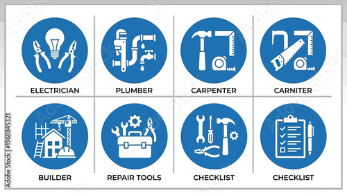 Skilled Trades Professionals and Construction Tools Icons Set on Isolated White Background