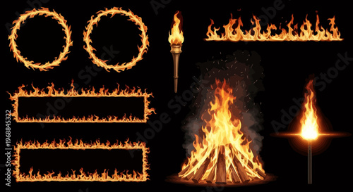 Fire flames, burning fire, flame borders, fire effects, vector illustrations