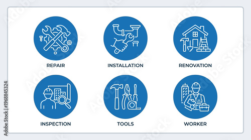 Construction and maintenance vector icon set including repair, installation, renovation, tools, worker, and inspection