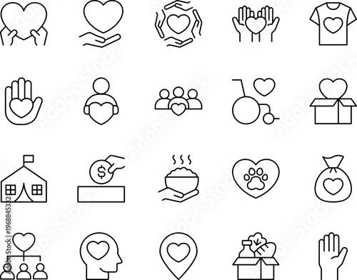 A collection of line icons depicting various charitable and donation concepts