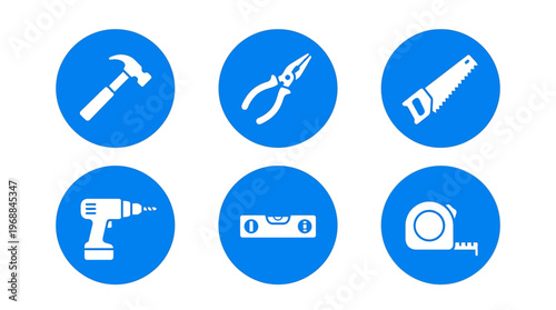 Essential Construction and DIY Hand Tools Icons Set in Blue Circles on Bright Studio Background