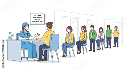 Social distancing, COVID-19 prevention, queue line, people waiting, medical screening