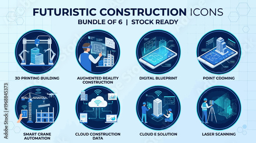 Futuristic Construction Technology Banner with Icons for 3D Printing, Augmented Reality, and Cloud Solutions in bright studio