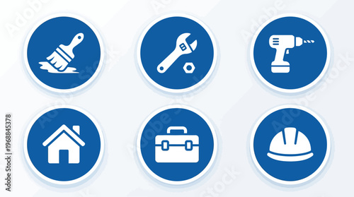 Set of construction and repair tools vector icons including house and safety helmet, in bright studio background