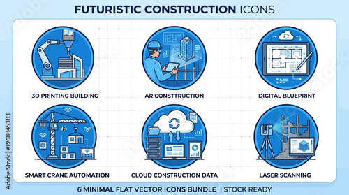 Futuristic Construction Technology Icons Featuring 3D Printing, AR, and Digital Blueprints on isolated white background