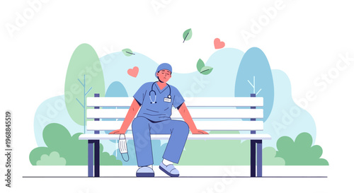 relaxed doctor, sitting on bench, blue uniform, park scenery, flat illustration