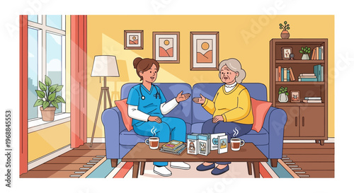 Nursing home care, senior healthcare, caregiver support, elderly assistance, home visit, vector illustration