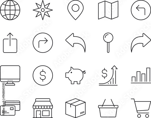 A collection of black and white line icons for business and finance