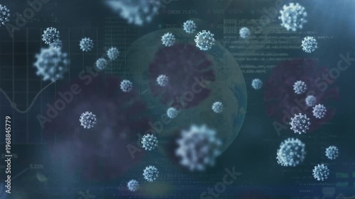 Animation of covid 19 virus cells over data processing and globe on blue background