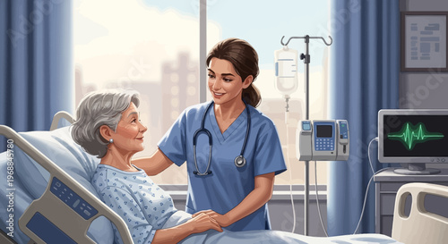 Nurse, healthcare professional, caring for patient, hospital room, medical, elderly, woman, supportive, blue scrubs, stethoscope