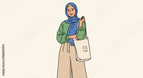 Woman in hijab, green shirt, beige skirt, holding tote bag, minimalist illustration, modern style, fashion icon, vector graphic