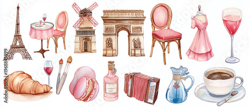 Paris-themed watercolor illustrations of food, fashion, and landmarks  