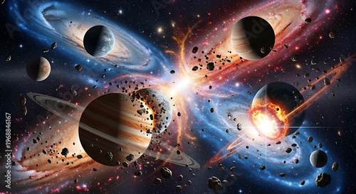 Artistic depiction of space featuring exploding planets, galaxies, and celestial bodies