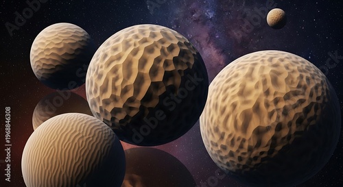 Artistic rendering of several textured, patterned planets against a nebula backdrop
