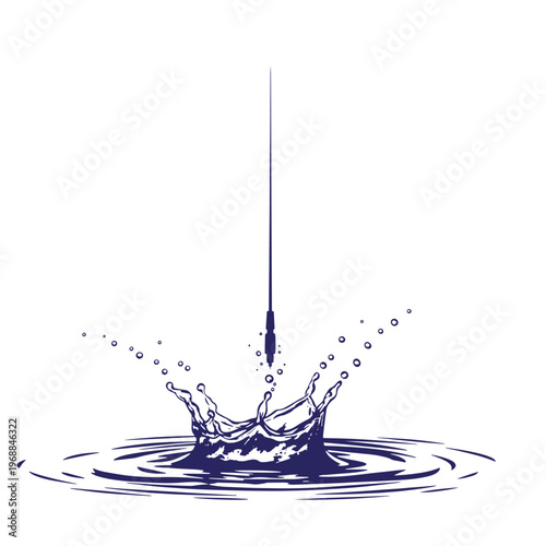 Dark blue ink of a fountain pen nib dropping into liquid creating a circular splash with droplets and concentric ripples on a white background