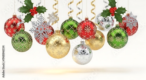 Assorted Christmas ornaments in red, green, gold, and silver, suspended with holly accents