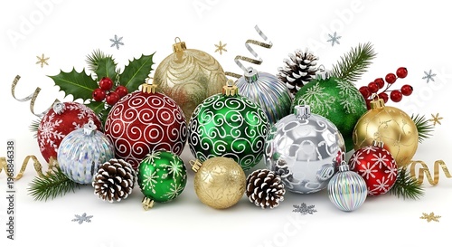 Assorted shiny ornaments, pine cones, holly, and ribbons arranged for holiday cheer